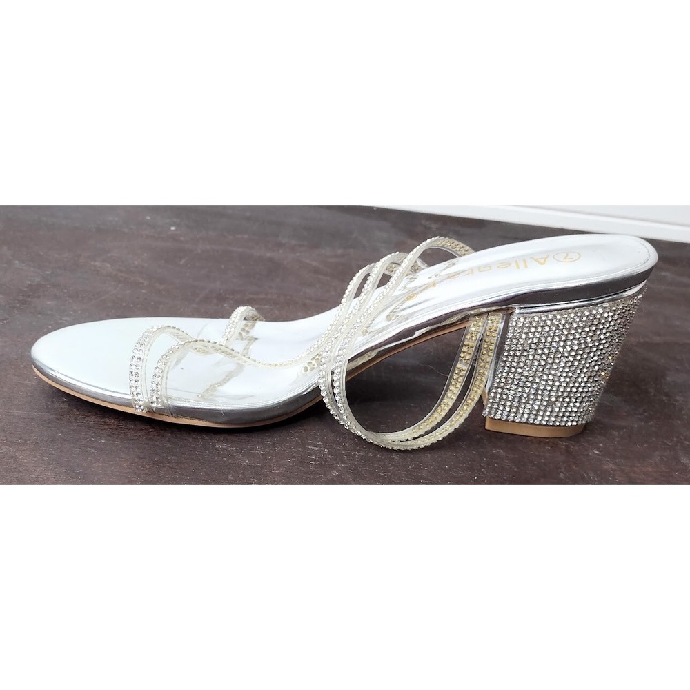 Allegra K Womens Silver Rhinestone Block Heel Sandals Slides Sz 7